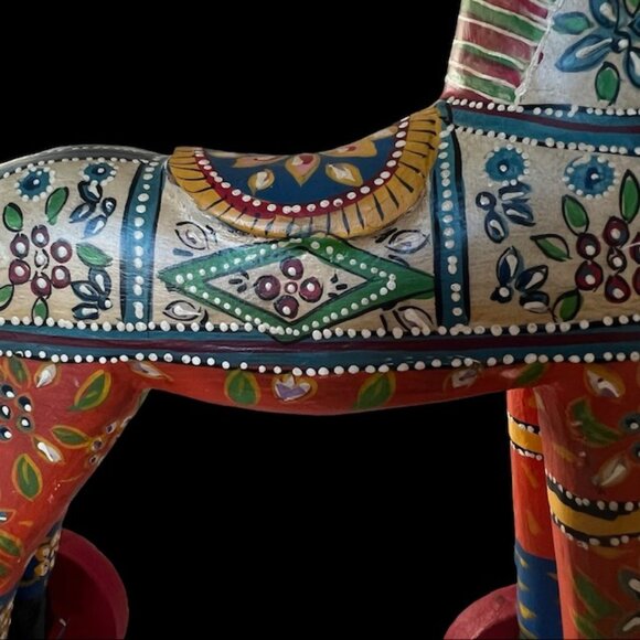 Vintage Large Folk Art Hand-Carved and Hand Painted Wooden Horse on Wheels 13.5H - Picture 4 of 15